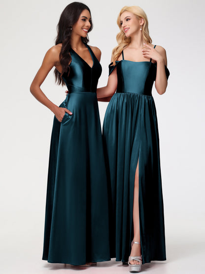 Bridesmaid Dress Peacock Elegant V-Neck A Line Slit Stretch Satin Long Bridesmaid Dress