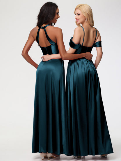 Bridesmaid Dress Peacock Elegant V-Neck A Line Slit Stretch Satin Long Bridesmaid Dress