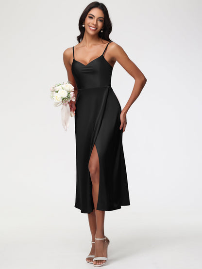 Spaghetti Straps Tea Length Back Zip Stretch Satin Bridesmaid Dress