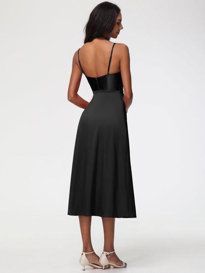 Spaghetti Straps Tea Length Back Zip Stretch Satin Bridesmaid Dress