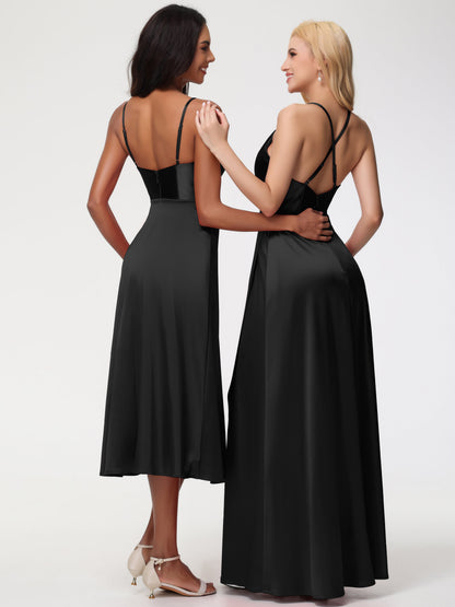 Spaghetti Straps Tea Length Back Zip Stretch Satin Bridesmaid Dress