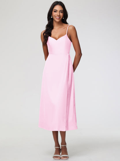 Spaghetti Straps Tea Length Back Zip Stretch Satin Bridesmaid Dress