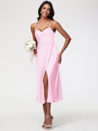 Spaghetti Straps Tea Length Back Zip Stretch Satin Bridesmaid Dress