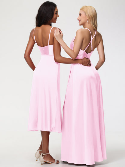 Spaghetti Straps Tea Length Back Zip Stretch Satin Bridesmaid Dress