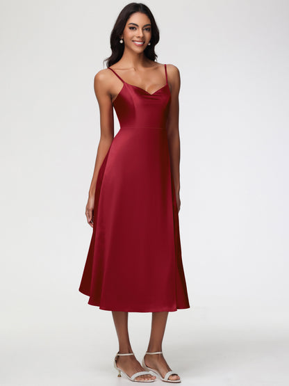 Spaghetti Straps Tea Length Back Zip Stretch Satin Bridesmaid Dress