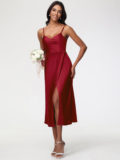 Spaghetti Straps Tea Length Back Zip Stretch Satin Bridesmaid Dress