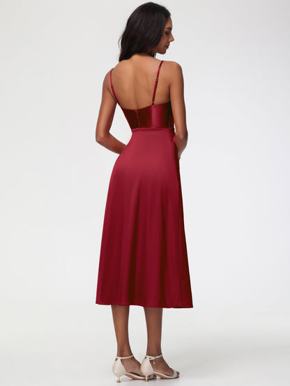 Spaghetti Straps Tea Length Back Zip Stretch Satin Bridesmaid Dress