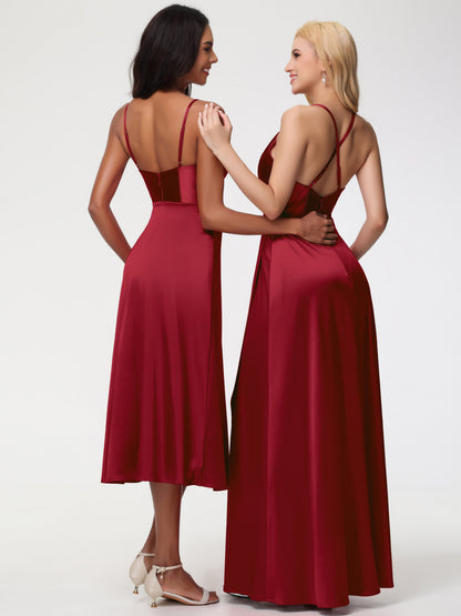 Spaghetti Straps Tea Length Back Zip Stretch Satin Bridesmaid Dress