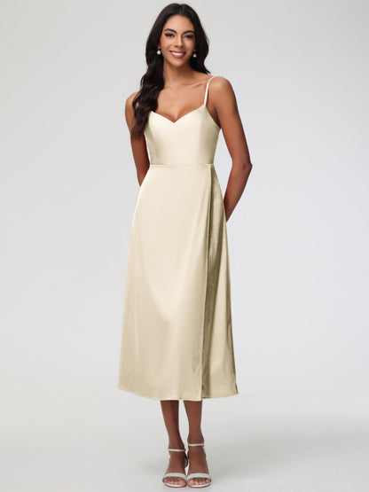 Spaghetti Straps Tea Length Back Zip Stretch Satin Bridesmaid Dress
