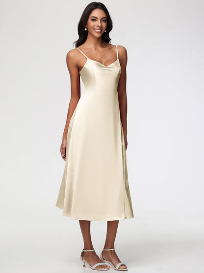 Spaghetti Straps Tea Length Back Zip Stretch Satin Bridesmaid Dress