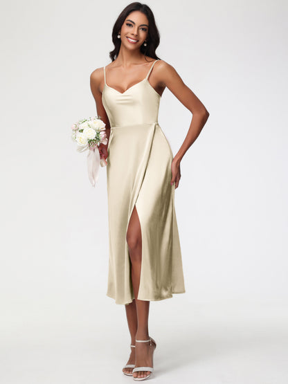 Spaghetti Straps Tea Length Back Zip Stretch Satin Bridesmaid Dress