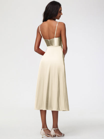 Spaghetti Straps Tea Length Back Zip Stretch Satin Bridesmaid Dress