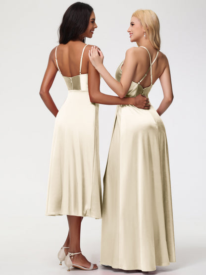 Spaghetti Straps Tea Length Back Zip Stretch Satin Bridesmaid Dress