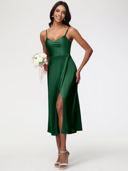 Spaghetti Straps Tea Length Back Zip Stretch Satin Bridesmaid Dress