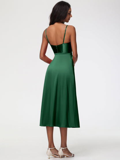 Spaghetti Straps Tea Length Back Zip Stretch Satin Bridesmaid Dress