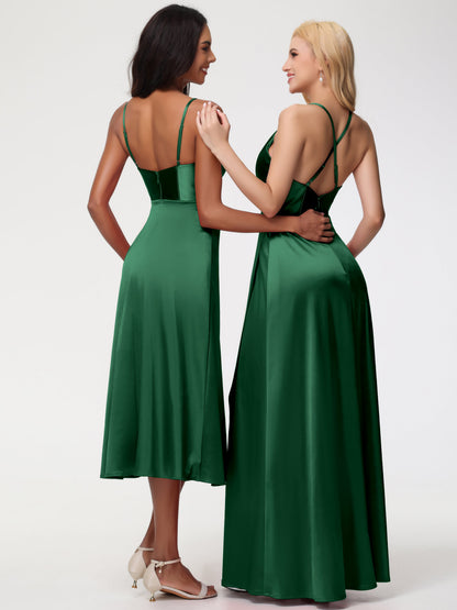 Spaghetti Straps Tea Length Back Zip Stretch Satin Bridesmaid Dress