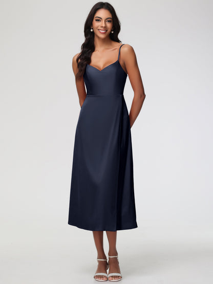 Spaghetti Straps Tea Length Back Zip Stretch Satin Bridesmaid Dress