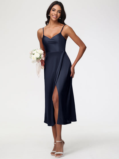 Spaghetti Straps Tea Length Back Zip Stretch Satin Bridesmaid Dress