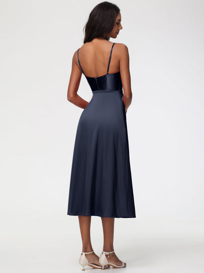 Spaghetti Straps Tea Length Back Zip Stretch Satin Bridesmaid Dress