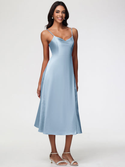 Spaghetti Straps Tea Length Back Zip Stretch Satin Bridesmaid Dress