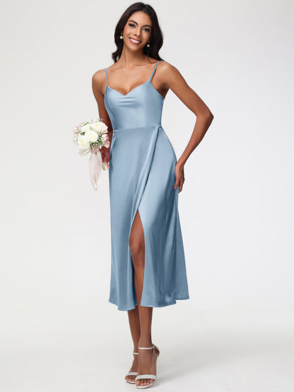 Spaghetti Straps Tea Length Back Zip Stretch Satin Bridesmaid Dress