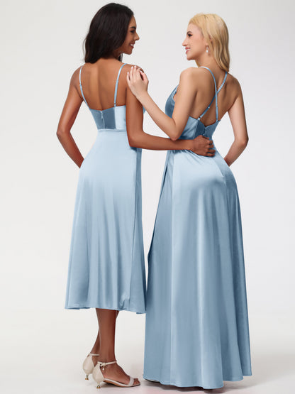 Spaghetti Straps Tea Length Back Zip Stretch Satin Bridesmaid Dress