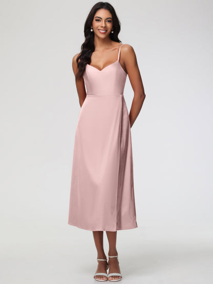 Spaghetti Straps Tea Length Back Zip Stretch Satin Bridesmaid Dress