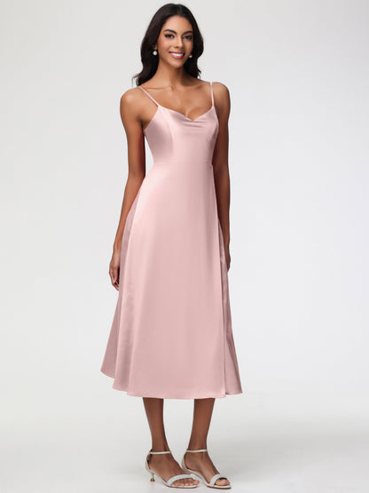 Spaghetti Straps Tea Length Back Zip Stretch Satin Bridesmaid Dress