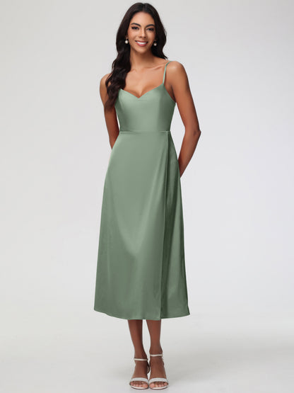 Spaghetti Straps Tea Length Back Zip Stretch Satin Bridesmaid Dress