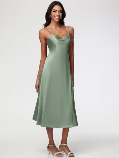 Spaghetti Straps Tea Length Back Zip Stretch Satin Bridesmaid Dress