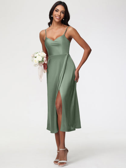 Spaghetti Straps Tea Length Back Zip Stretch Satin Bridesmaid Dress