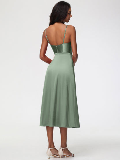 Spaghetti Straps Tea Length Back Zip Stretch Satin Bridesmaid Dress