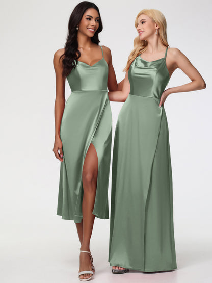 Spaghetti Straps Tea Length Back Zip Stretch Satin Bridesmaid Dress