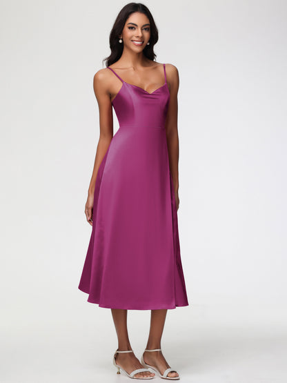 Spaghetti Straps Tea Length Back Zip Stretch Satin Bridesmaid Dress