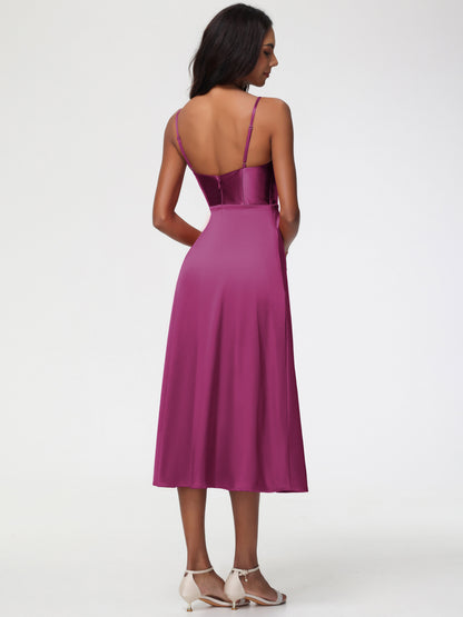 Spaghetti Straps Tea Length Back Zip Stretch Satin Bridesmaid Dress