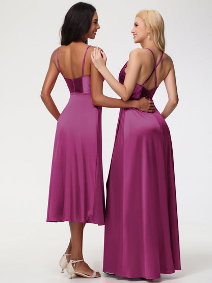 Spaghetti Straps Tea Length Back Zip Stretch Satin Bridesmaid Dress