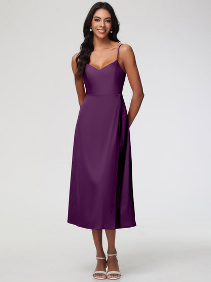Spaghetti Straps Tea Length Back Zip Stretch Satin Bridesmaid Dress
