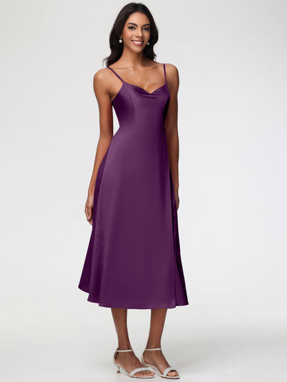 Spaghetti Straps Tea Length Back Zip Stretch Satin Bridesmaid Dress