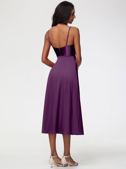 Spaghetti Straps Tea Length Back Zip Stretch Satin Bridesmaid Dress
