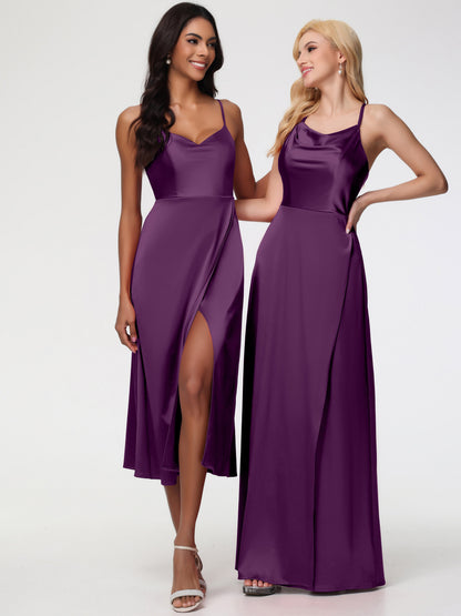 Spaghetti Straps Tea Length Back Zip Stretch Satin Bridesmaid Dress