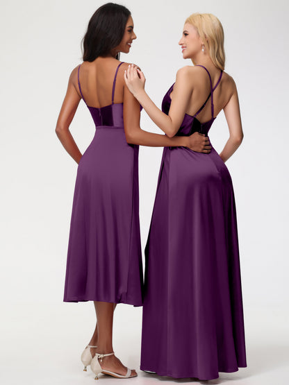Spaghetti Straps Tea Length Back Zip Stretch Satin Bridesmaid Dress