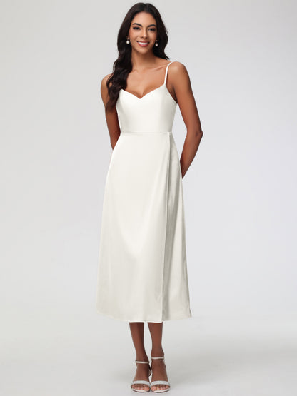Spaghetti Straps Tea Length Back Zip Stretch Satin Bridesmaid Dress