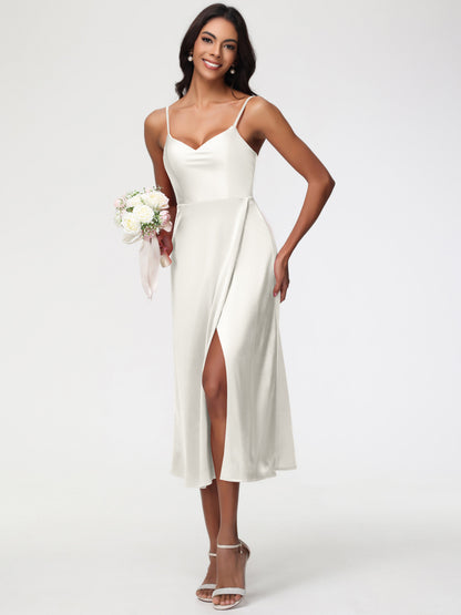 Spaghetti Straps Tea Length Back Zip Stretch Satin Bridesmaid Dress