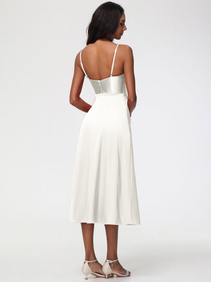 Spaghetti Straps Tea Length Back Zip Stretch Satin Bridesmaid Dress