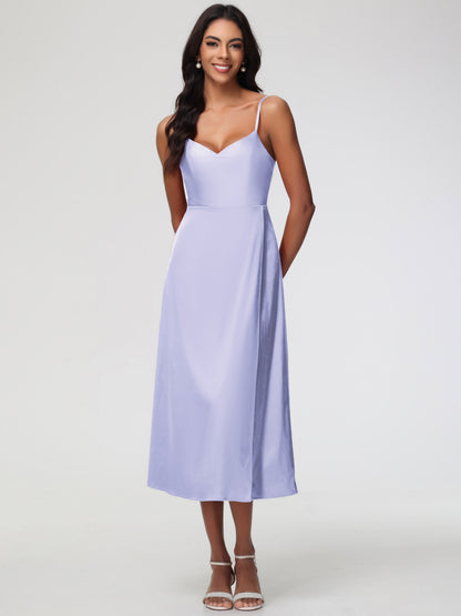 Spaghetti Straps Tea Length Back Zip Stretch Satin Bridesmaid Dress