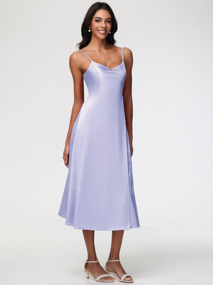 Spaghetti Straps Tea Length Back Zip Stretch Satin Bridesmaid Dress