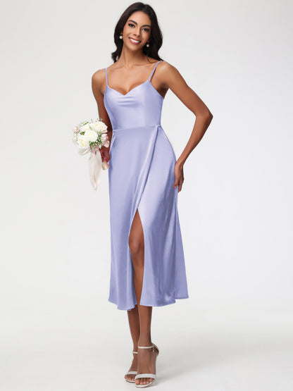 Spaghetti Straps Tea Length Back Zip Stretch Satin Bridesmaid Dress