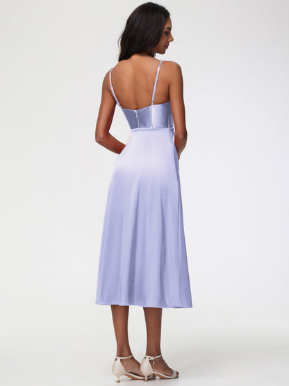 Spaghetti Straps Tea Length Back Zip Stretch Satin Bridesmaid Dress