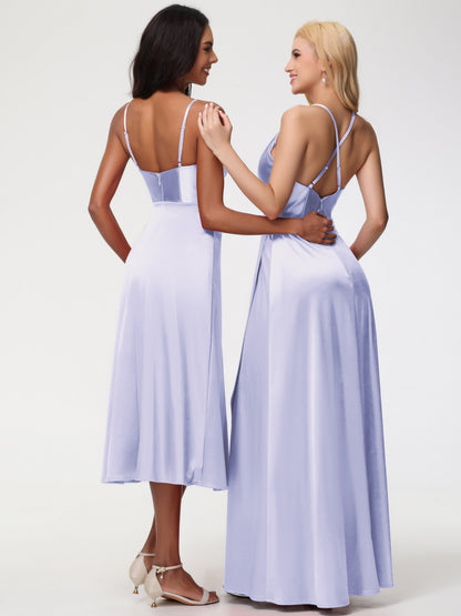 Spaghetti Straps Tea Length Back Zip Stretch Satin Bridesmaid Dress