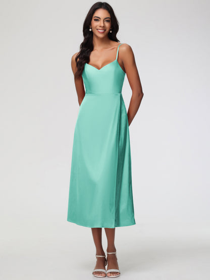 Spaghetti Straps Tea Length Back Zip Stretch Satin Bridesmaid Dress